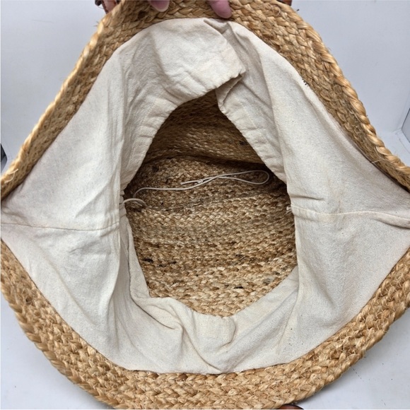 MANGO Large Natural Jute Basket Bag Canvas Drawstring Liner Leather Straps - Picture 13 of 16